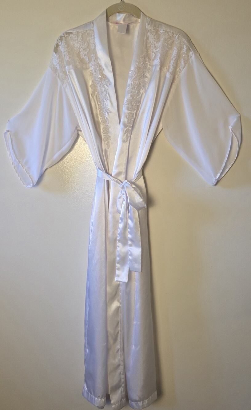 Vtg Dentelle White Satin Bridal Robe Long Lace Embroidered Beaded Applique Sz S